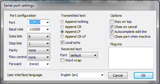 Termite Serial Port Settings